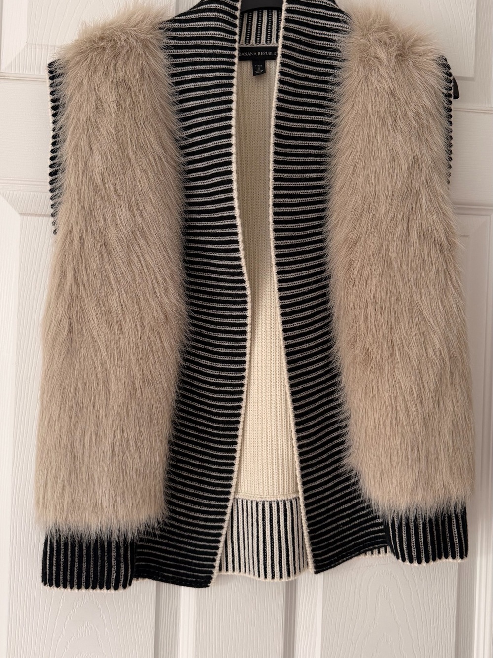 Banana Republic Black & Cream Striped Sweater Vest with Beige Faux Fur Panels